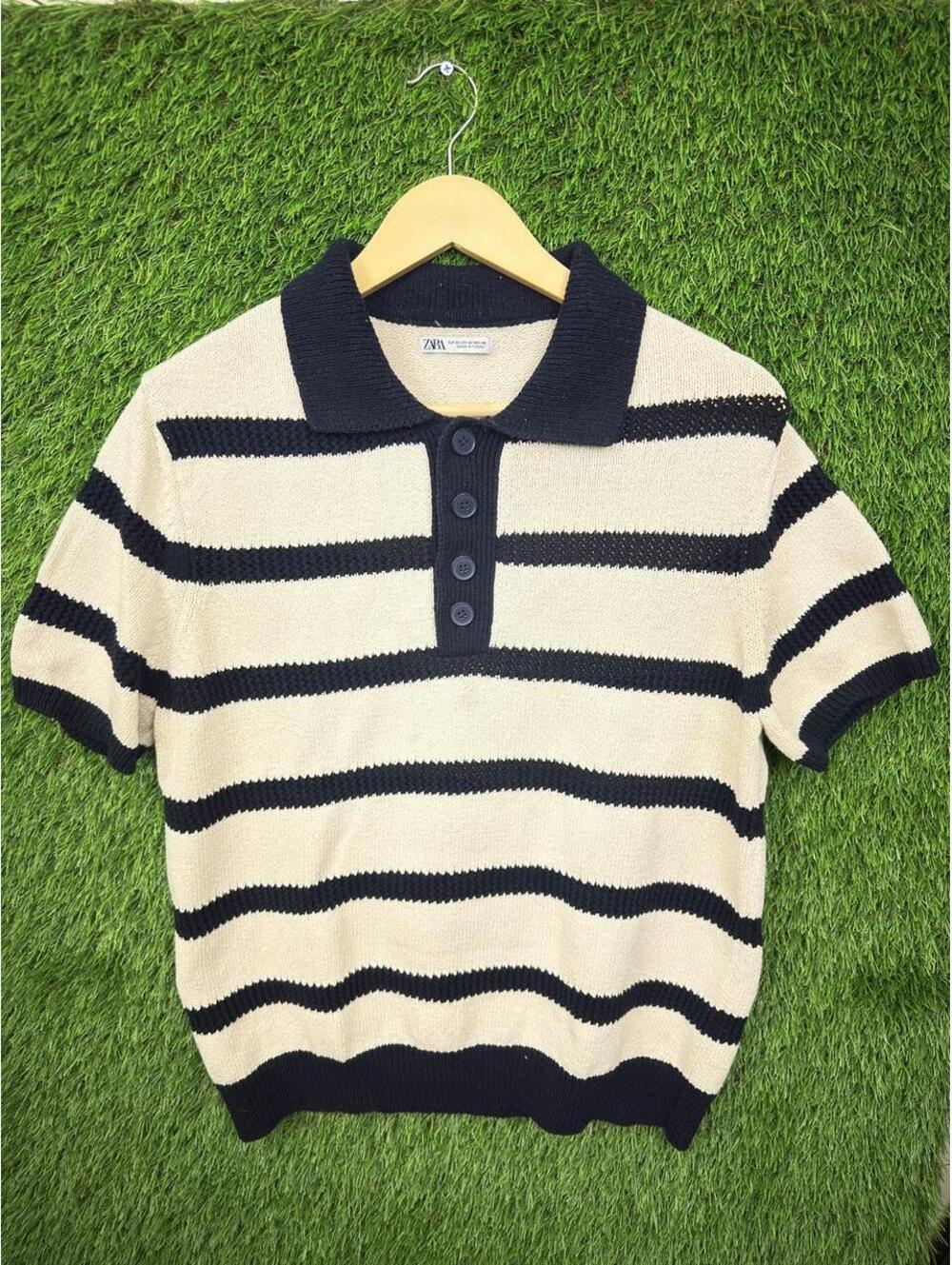 Zara Striped Knit Polo Sweater Shirt Cream Navy Size M